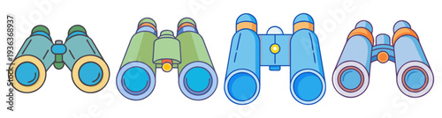 Colorful binoculars icon pack flat design vector illustration set for travel and adventure