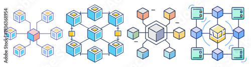 Blockchain technology network nodes and digital ledger icons flat design vector illustration set