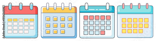 Colorful calendar icon pack with monthly planners and date markers flat design vector illustration