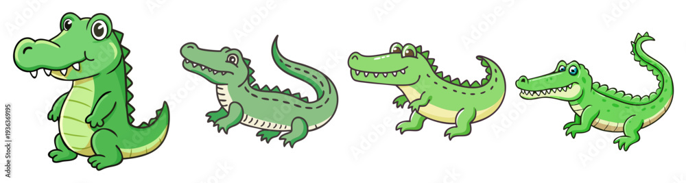 Fototapeta premium Set of four playful green cartoon crocodiles in different poses vector illustration flat design icon pack