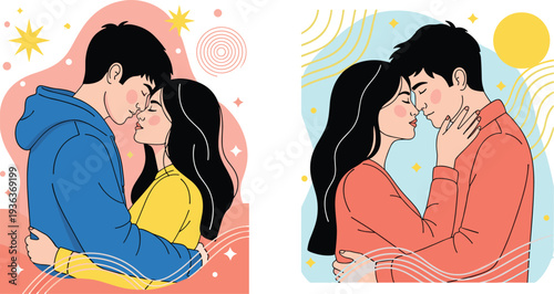 Romantic Couple Hugging and Kissing Vector Illustration Set Showing Love, Relationship, Affection and Valentine Moment for Greeting Cards, Posters and Social Media