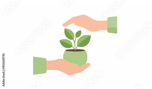 Human hands holding small potted plant vector eco care and growth concept isolated on white background