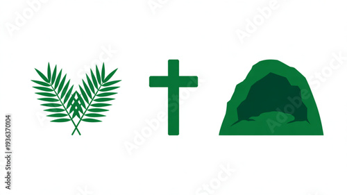 Easter symbols cross palm leaves and empty tomb christian faith resurrection hope green icons