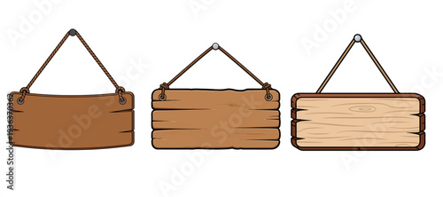 Wooden Hanging Signboard: Rustic Plank and Rope Vector Set