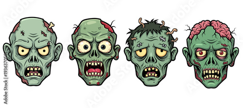 Set of Four Creepy Zombie Head Illustrations with Scary Expressions for Halloween Decor