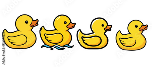 Set of Four Cute Yellow Rubber Duck Illustrations for Bathroom and Baby Shower