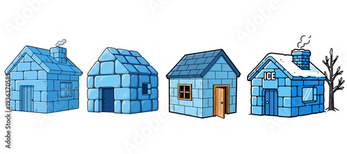 Set of Four Blue Ice House and Igloo Illustrations with Chimneys and Snowy Detail