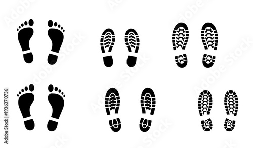A set of black footprints and shoe prints in various styles and directions