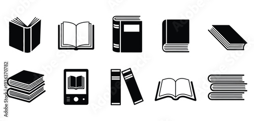 Book Icon Set, open book, closed book, ebook symbol, library sign, back to school education concept, reading study knowledge vector illustration.