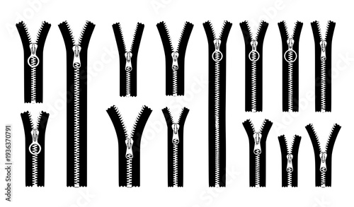 A set of black and white zipper icons in various states of closure