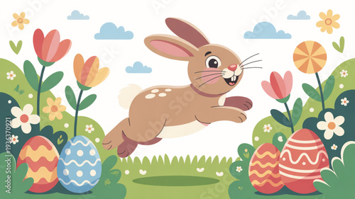 Brown bunny jumping in a colorful garden with easter eggs and flowers on a sunny day with clouds