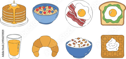 Collection of traditional breakfast foods and drinks including pancakes cereal eggs bacon and juice vector illustration set