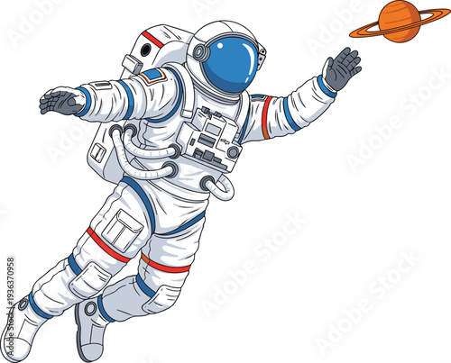 Astronaut Floating in Space with Planet Illustration for Space Exploration Theme, Astronomy Concept, Science Education, and Cosmic Adventure Design