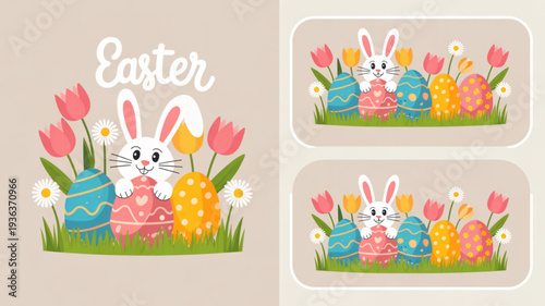 Easter bunny with colorful eggs and tulips in a spring floral arrangement festive holiday illustration with pastel colors and white background