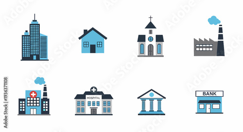 Vector illustration set of modern building icons and residential house symbols for real estate, architecture, and urban construction business web design