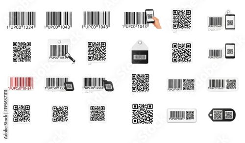 A collection of various barcode and QR code illustrations on a white background