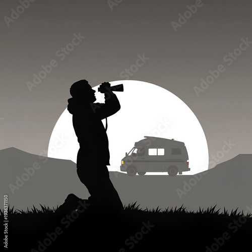 Silhouette of a photographer kneeling taking a photo of a small van, camper using binoculars silhouette vector illustration