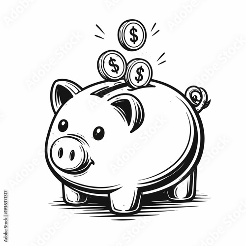Piggy bank receiving coins in a saving illustration