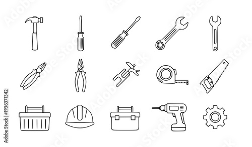 A set of line art icons depicting various tools and equipment for construction and repair work