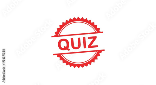 A vibrant red quiz badge design featuring bold typography and a distinctive jagged edge silhouette high quality professional