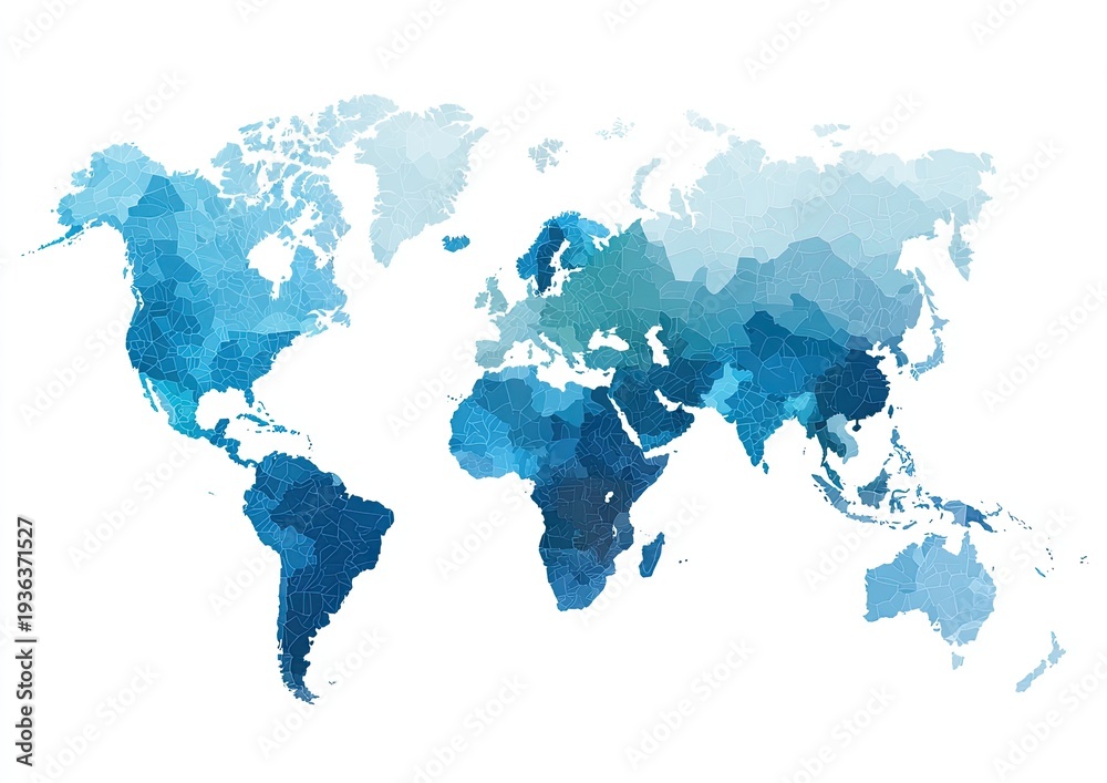 Obraz premium A fragmented, mosaic-style map of the Earth in various shades of blue against white