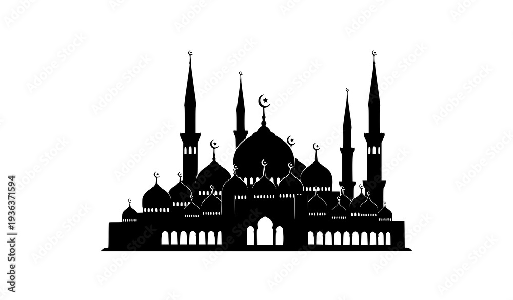 Fototapeta premium Islamic Mosque Skyline Silhouette with Domes and Minarets Vector