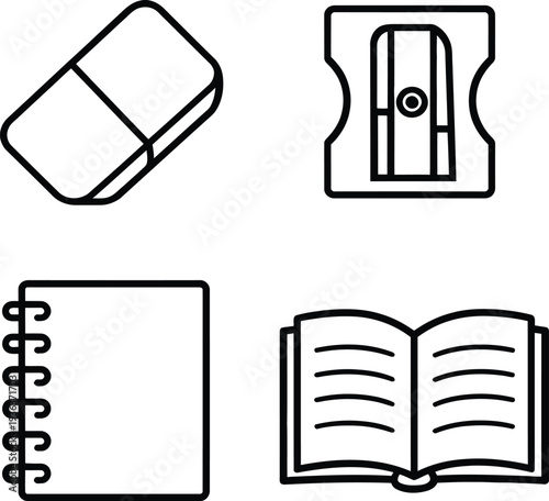 Black and white of office supplies and books eraser computer mouse