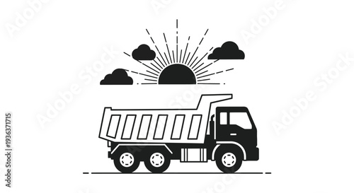 A stark black silhouette depicts a dump truck driving towards a radiant sunburst with clouds silhouette high quality