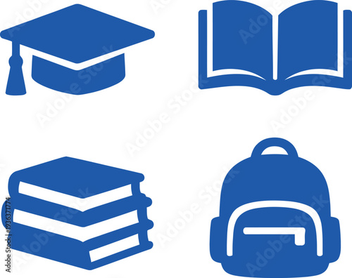 Blue of graduation cap books and backpack tassel stacked books