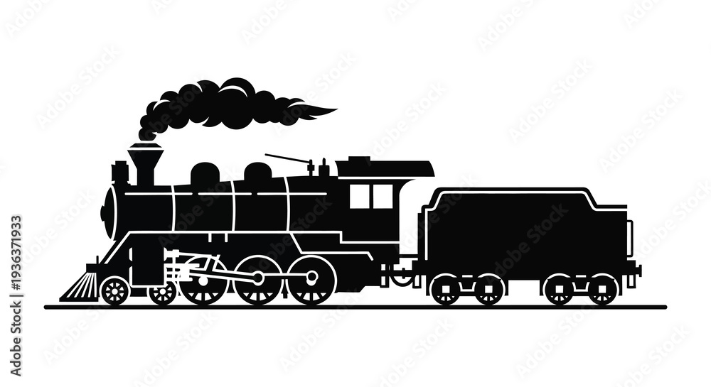 Fototapeta premium A striking black silhouette of a vintage steam locomotive with detailed wheels and billowing smoke silhouette high quality