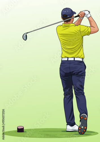 071-01-Golfer completing a backswing with a driver on a green tee box