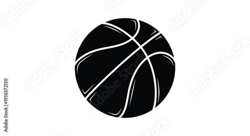 A stark black silhouette of a basketball with prominent lines against a clean white background silhouette high quality