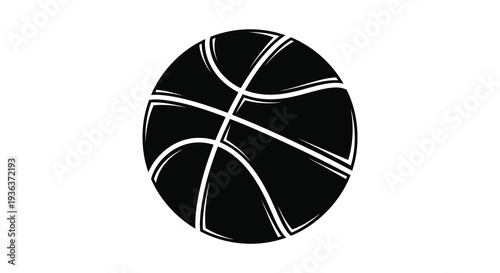 A striking black and white graphic depiction of a basketball with distinct lines presented as a silhouette