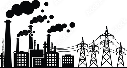 Industrial factory and power plant silhouette with smokestacks and high voltage transmission towers, air pollution and energy production concept vector illustration isolated on white background