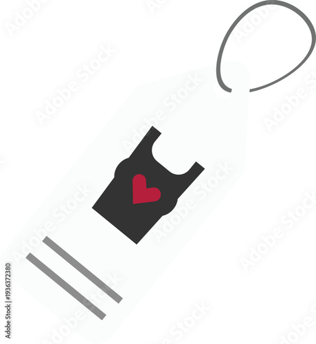 Vector illustration of a clothing price tag with a black top featuring a red heart symbol. Minimal retail tag design representing fashion sale, clothing label, product pricing, and shopping concept.