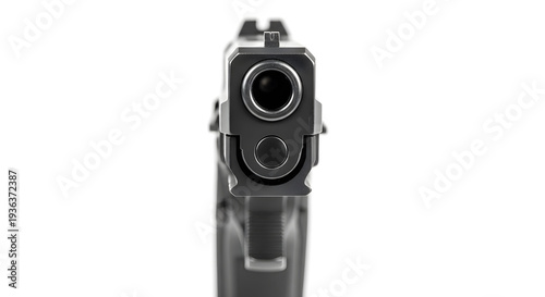 Direct head-on view of a handgun barrel looking straight into the camera lens