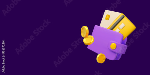 Credit card in wallet vector 3d banner. Finance concept. Bank account deposit design on dark background.