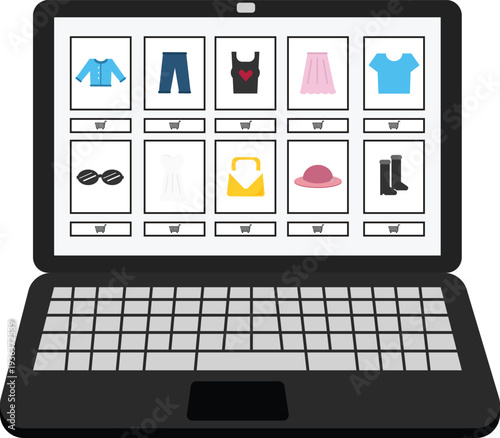 Vector illustration of a laptop displaying an online fashion shopping store interface. The screen shows a grid of clothing and accessory items such as shirts, pants, and dress with add-to-cart icons.