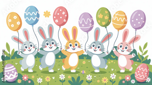 Five colorful cartoon rabbits holding easter eggs balloons in a lush green meadow with flowers and eggs
