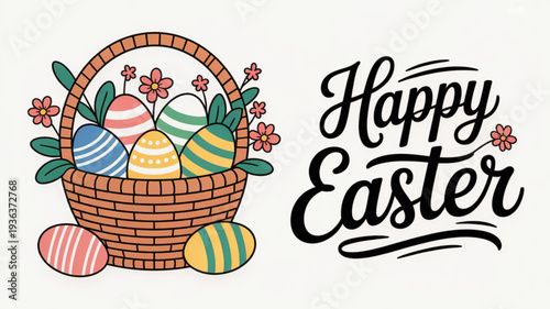 Colorful easter eggs in a wicker basket with flowers and happy easter text on a white background festive decoration