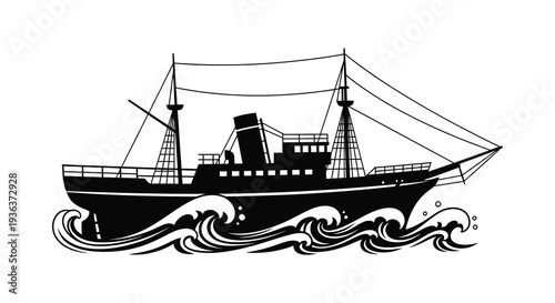 A striking black silhouette of a vintage steamship sailing through turbulent waves a nautical silhouette high quality professional