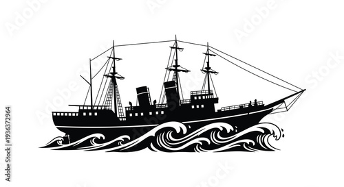 A striking black silhouette of a vintage steamship sailing through stylized waves presenting a nautical scene silhouette