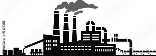 Industrial factory silhouette with smokestacks and conveyor belt system, heavy industry pollution concept vector illustration isolated on white background