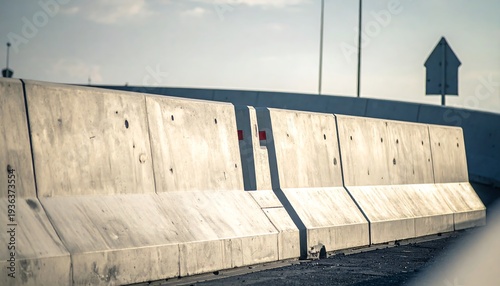 Concrete Barrier on Highway: A close-up view of a sturdy concrete barrier lining a highway, embodying structure, safety, and modern infrastructure. 