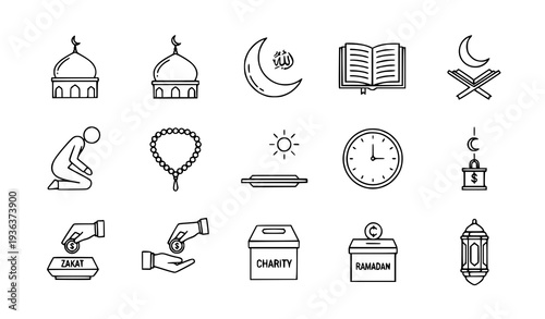 A set of minimalist icons representing Ramadan and Islamic symbols