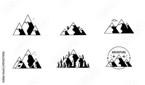 A set of minimalist mountain range vector graphics and adventure icons