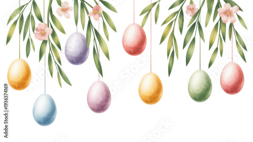 Colorful easter eggs hanging from branches with leaves and flowers in soft watercolor style
