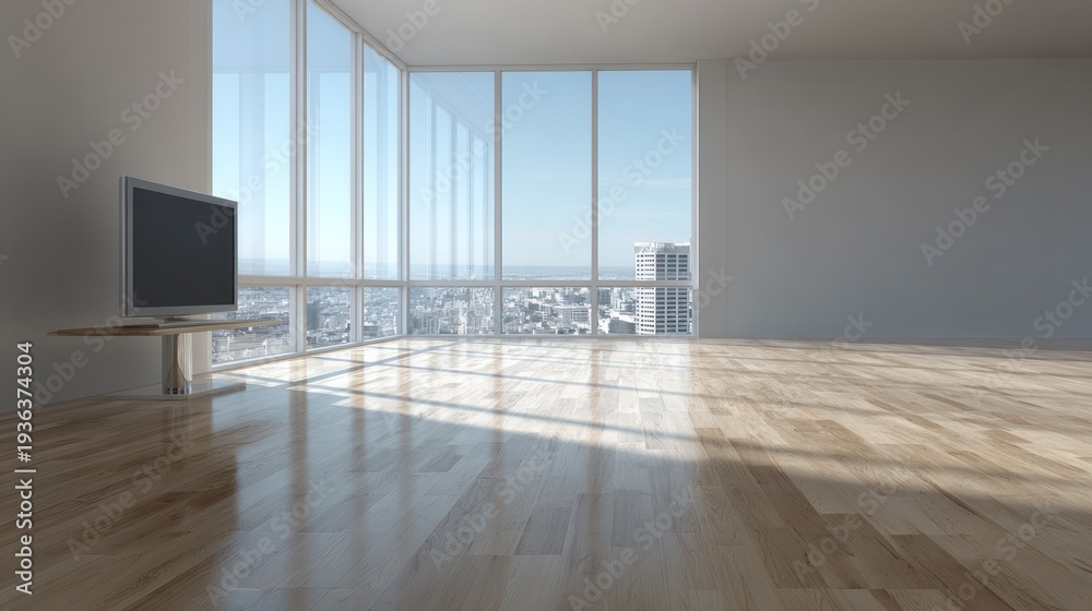 Obraz premium Modern empty interior space features a large display screen set against panoramic city views from tall windows
