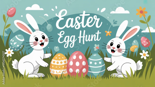 Two white easter bunnies hunting colorful eggs in a field of flowers on a sunny day with clouds