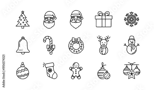 A set of Christmas icons and symbols in a minimalist line art style